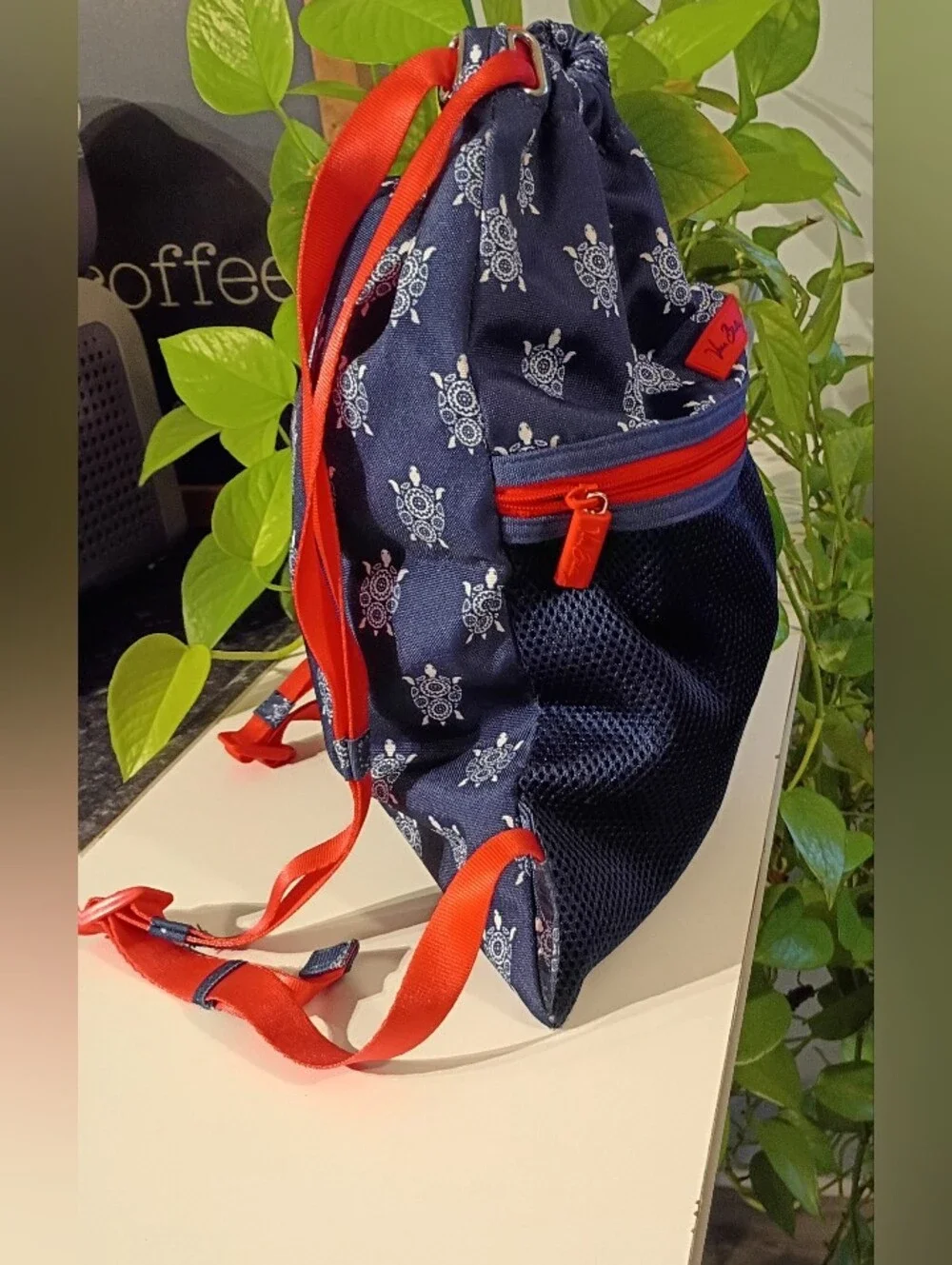 Vera Bradley Navy Drawstring Backpack with Red Trim